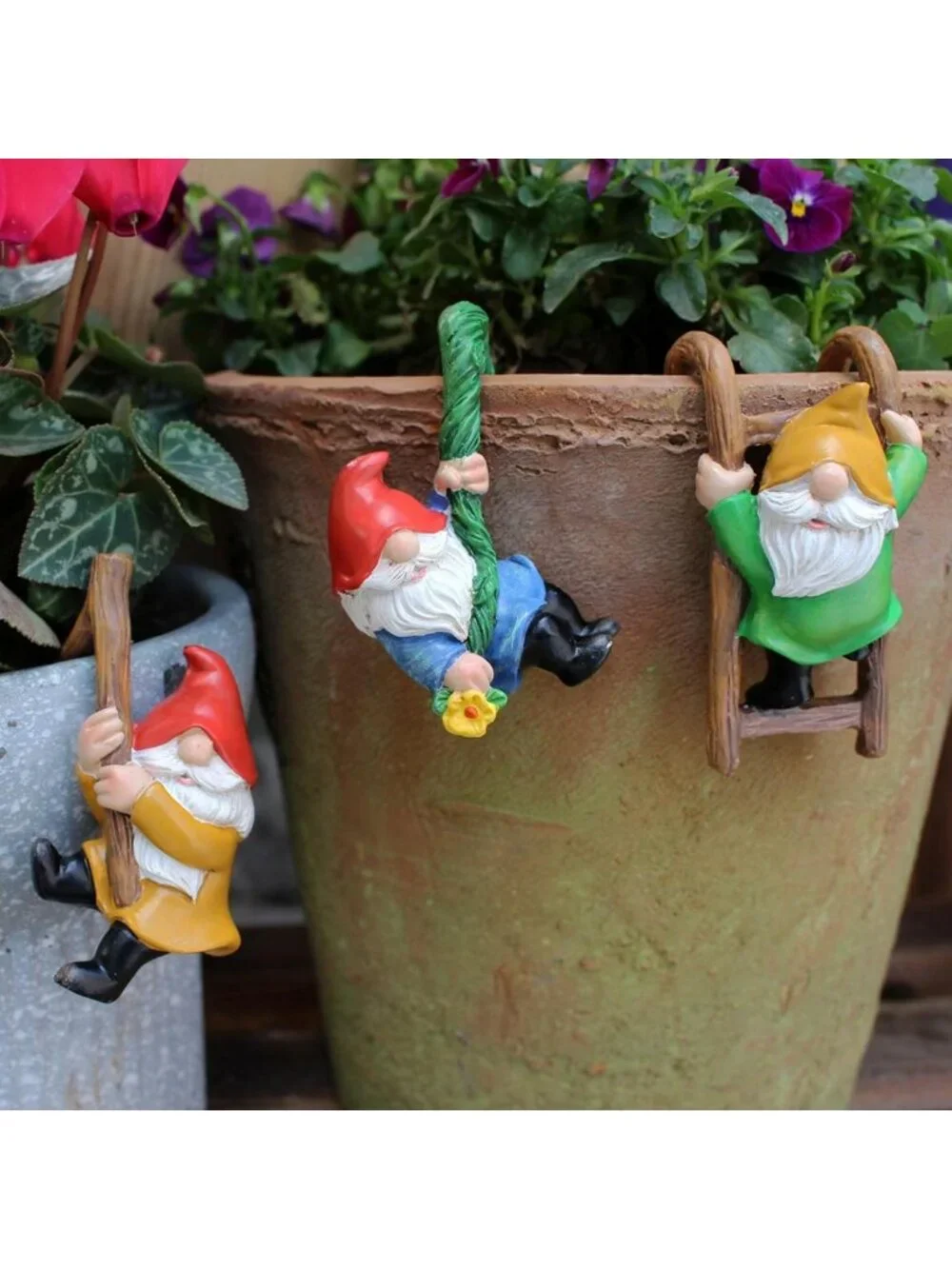 3PCS Cute Garden Gnome Figurines - Resin Plant Pot Huggers, Outdoor Decor
